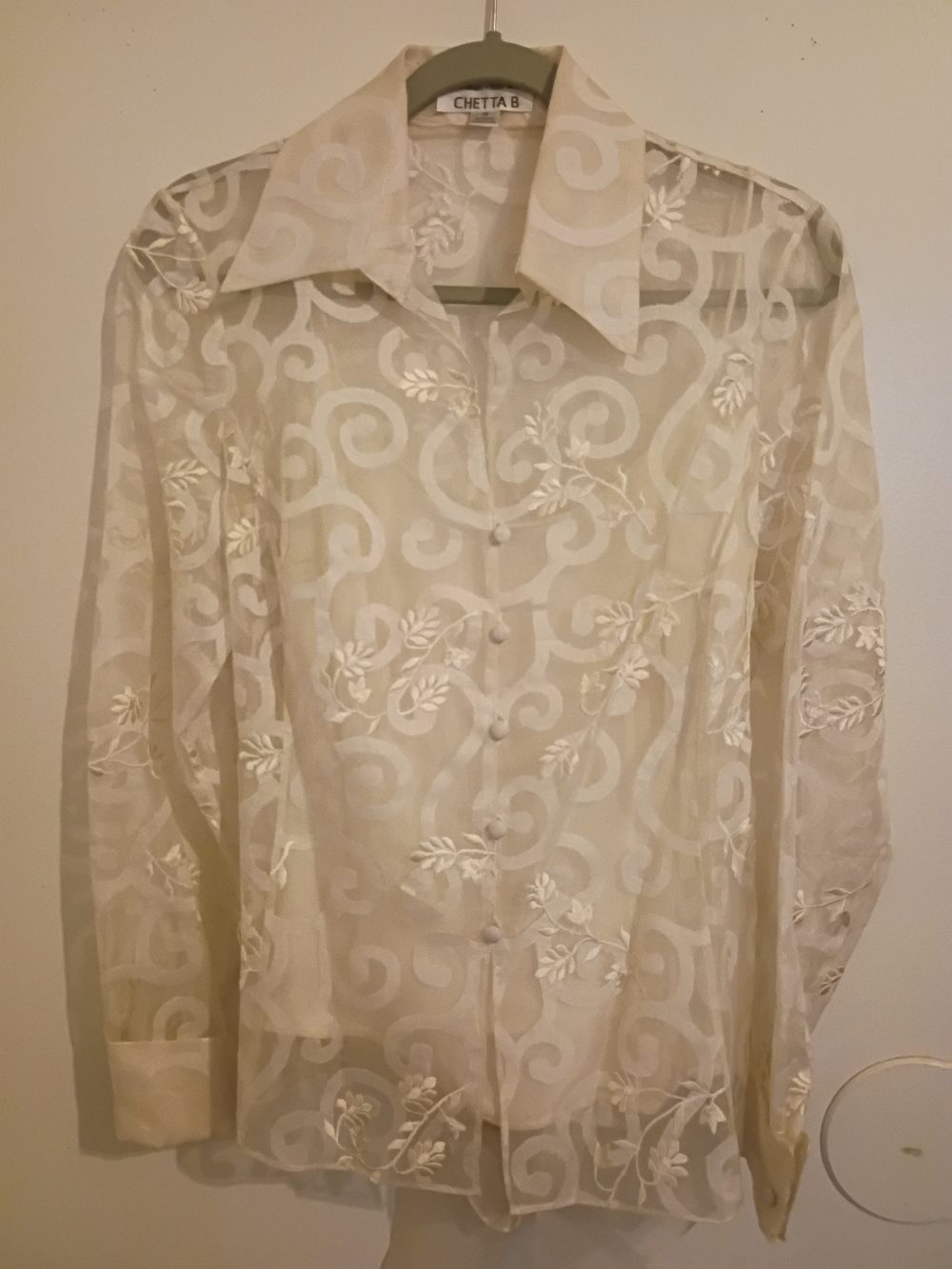 CHETTA B Sheer Embroidered   Blouse  With Tank Top in Ivory Silk Sz 12